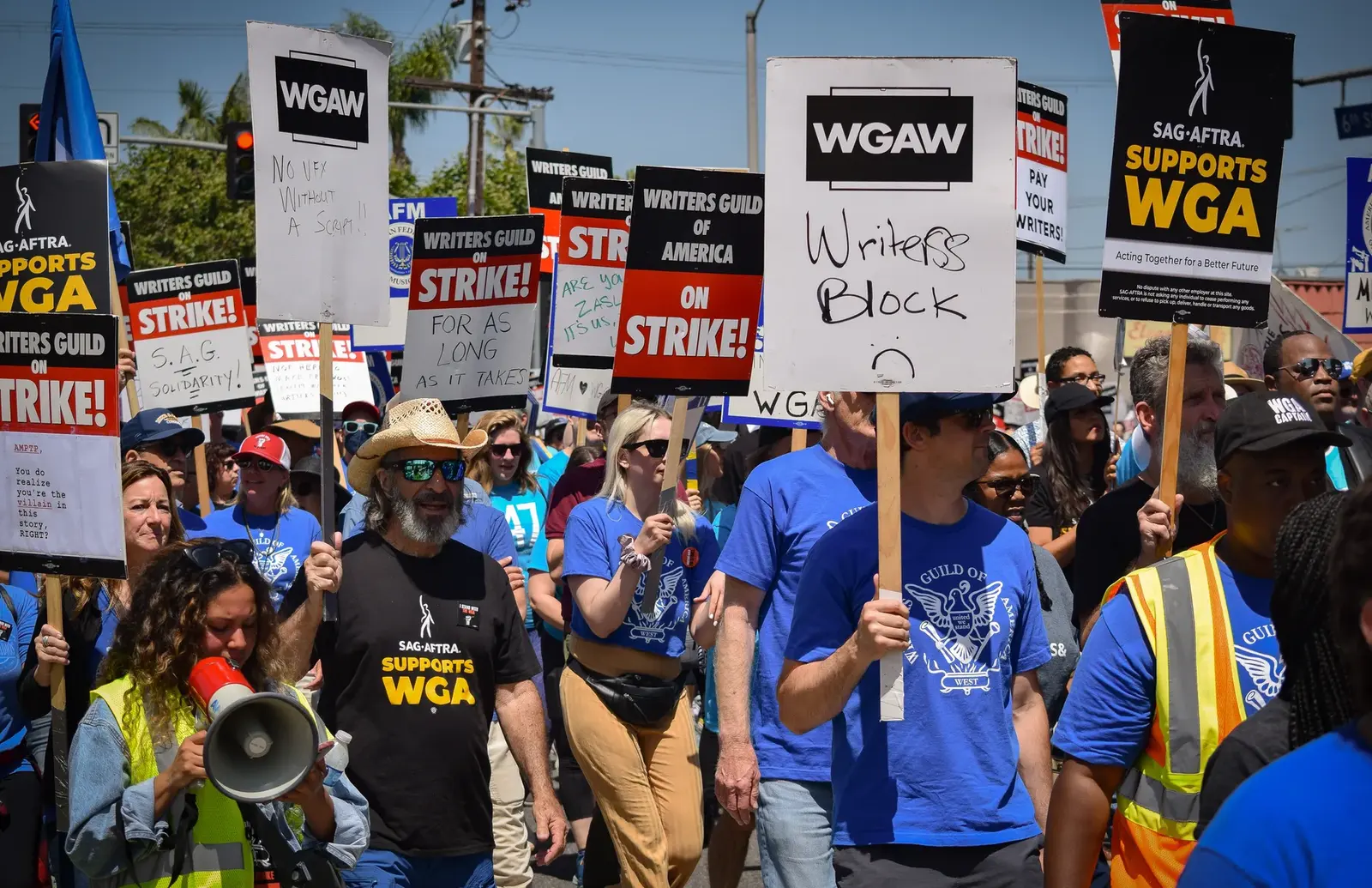 WGA strike picket signs during the 2023 writers strike in Los Angeles