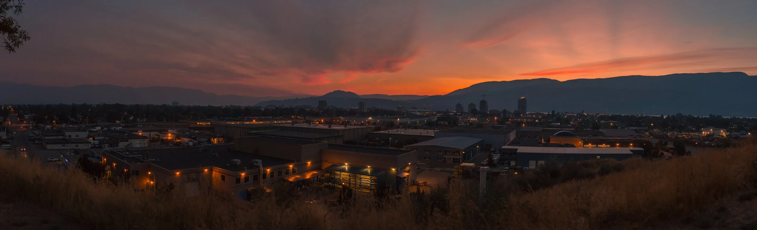 Panoramic sunset over Kelowna and Okanagan Lake