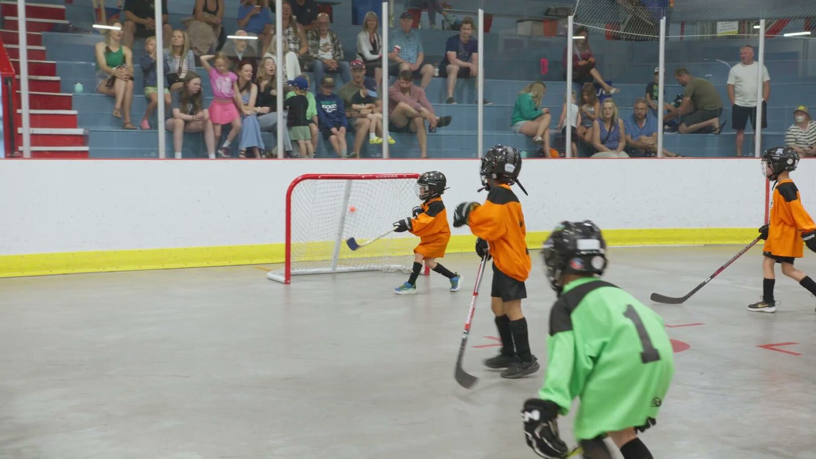 Tykes ball hockey players gathered near the net during a campaign frame