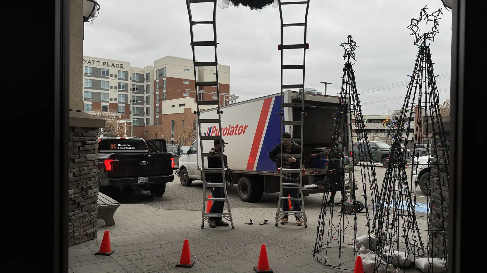Kelowna Film Studios truck and exterior setup outside Cleopatra's Rituals