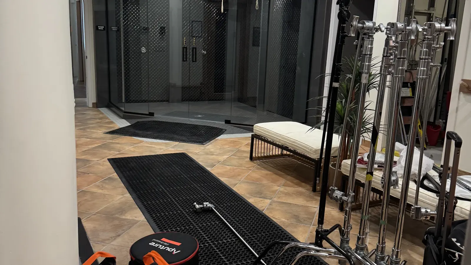 Lighting and grip gear staged inside the Cleopatra's Rituals thermal area