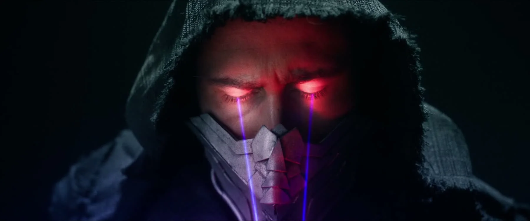 A masked character with glowing VFX eyes from the KFS-supported sci-fi short The Keepers