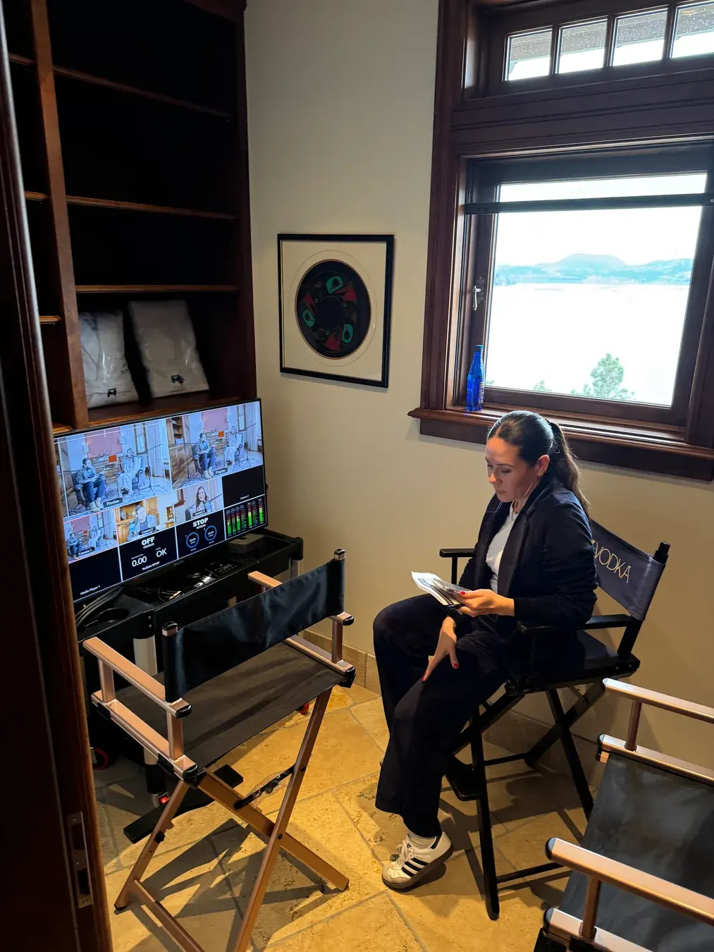 Interview and podcast production setup with cameras, lighting and audio