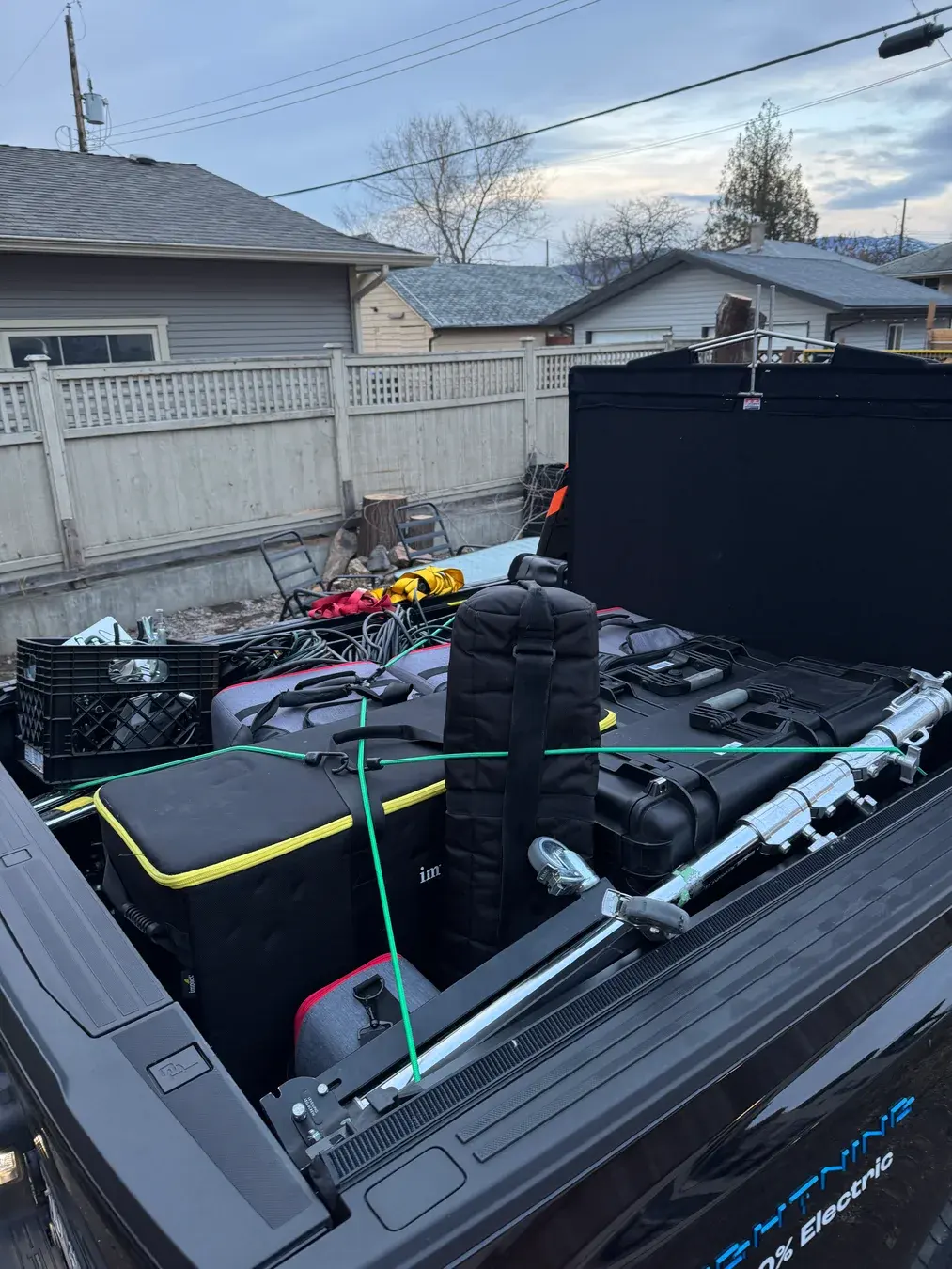 Production cases and equipment loaded in a KFS truck bed
