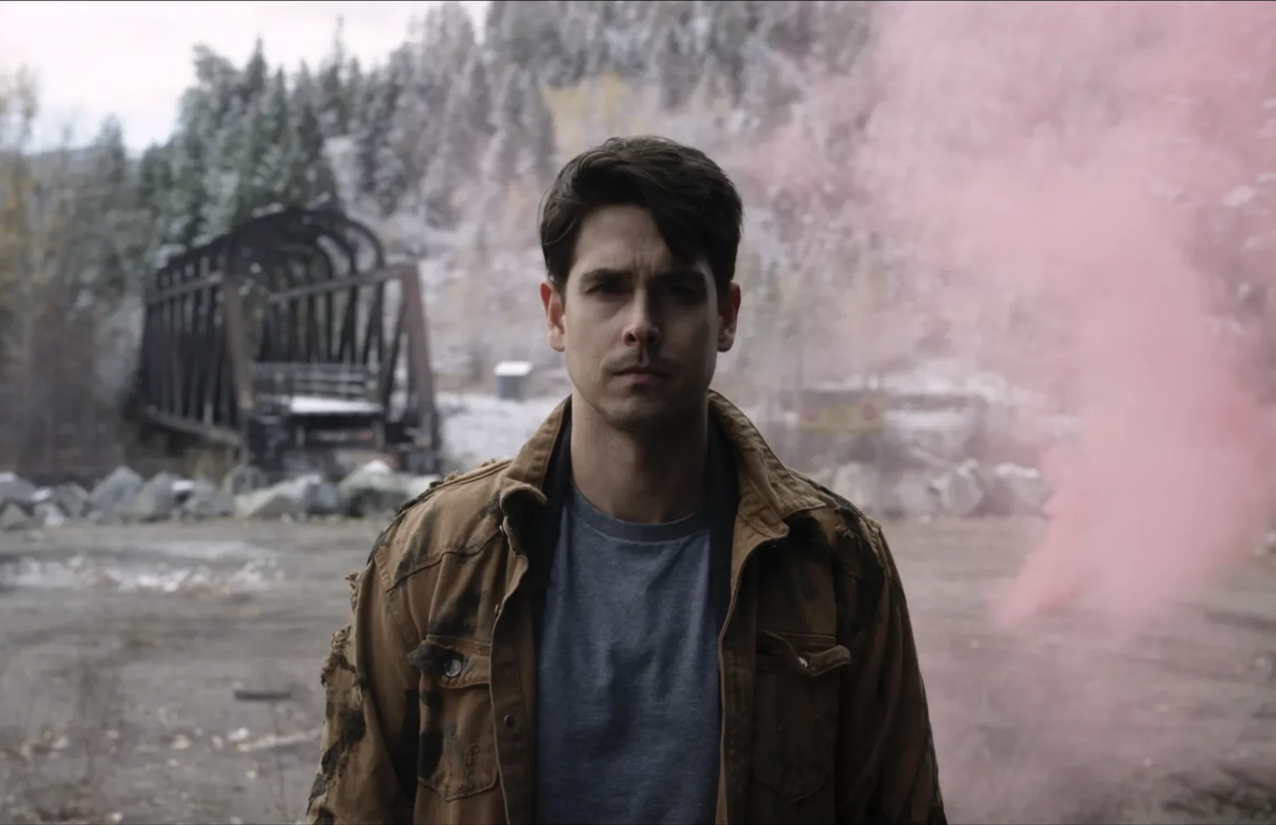 Actor standing in coloured smoke during the Princeton location campaign