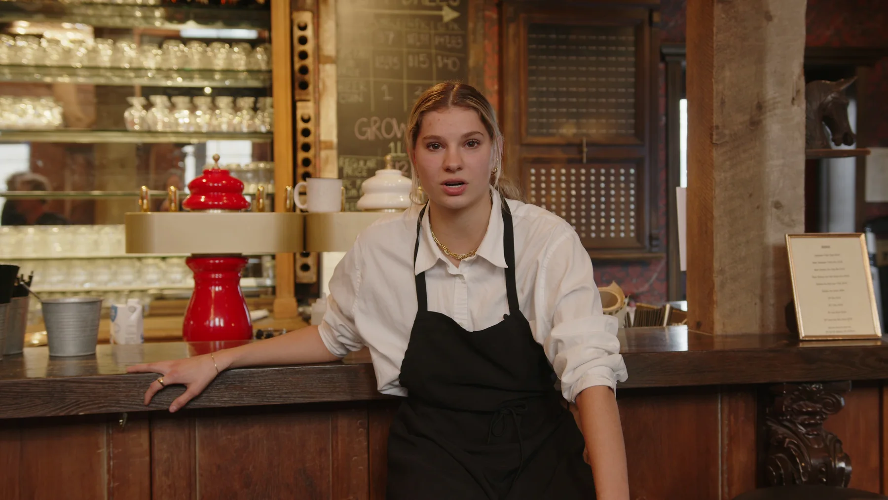 Ferideh at the bar during Vintage Rebel development footage